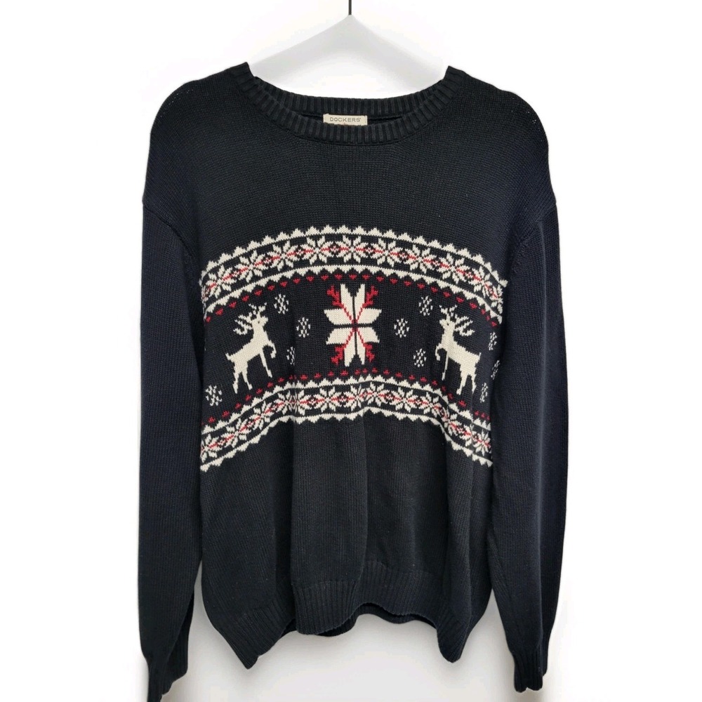 Vintage Dockers Black Reindeer Nordic Fair Isle Mens Xl Cotton Sweater